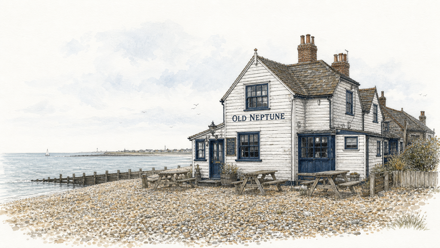 old-neptune-whitstable-beach | Whitstable Building Surveyors Architectural illustration of The Old Neptune pub on Whitstable Beach