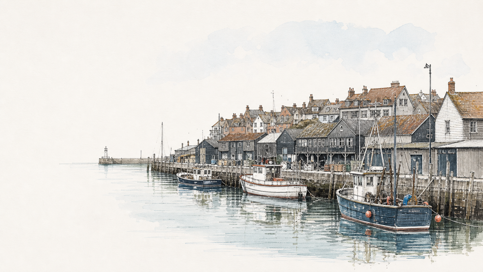 Architectural illustration of Whitstable Harbour and its working coastal buildings